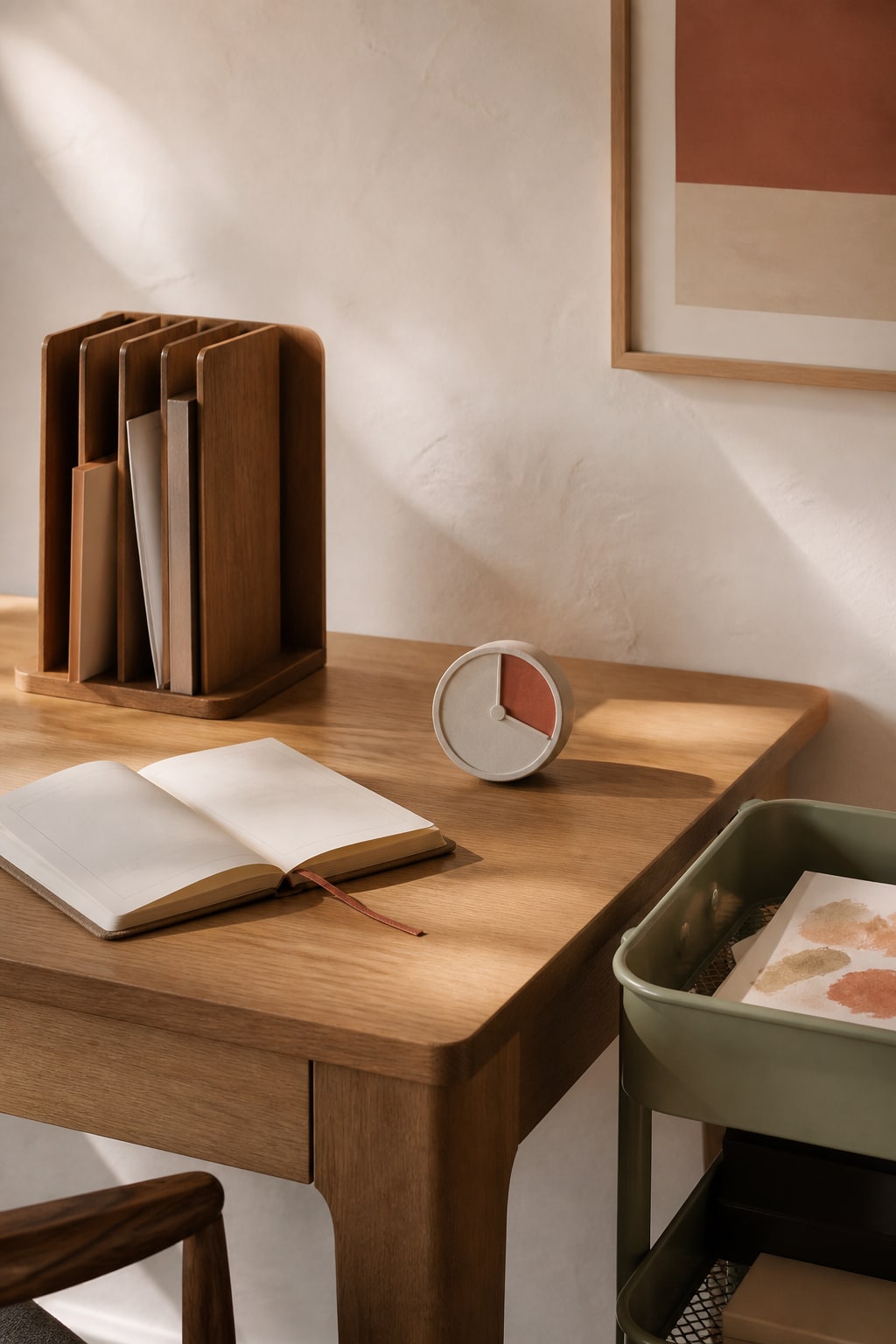 A warm home-office desk with vertical paper storage, an open notebook and a visual timer