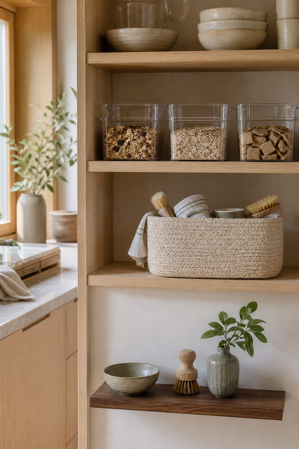 Open pantry shelves with clear food bins and a shallow basket keeping daily supplies visible