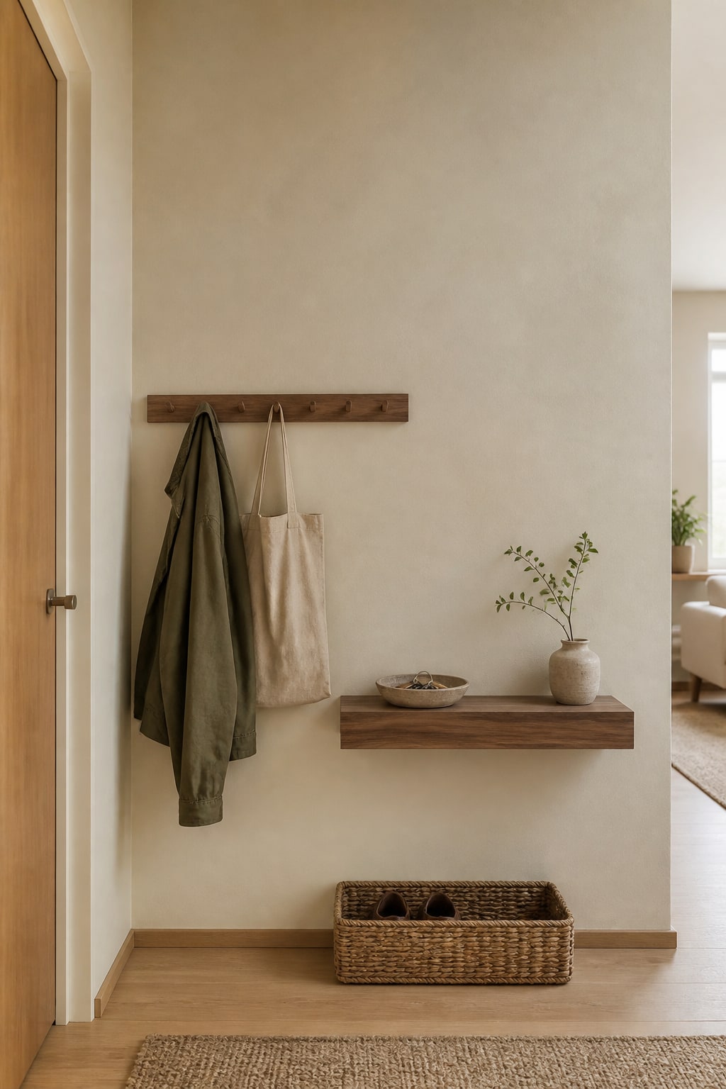 A calm entryway landing zone with visible hooks, a narrow shelf and one open basket