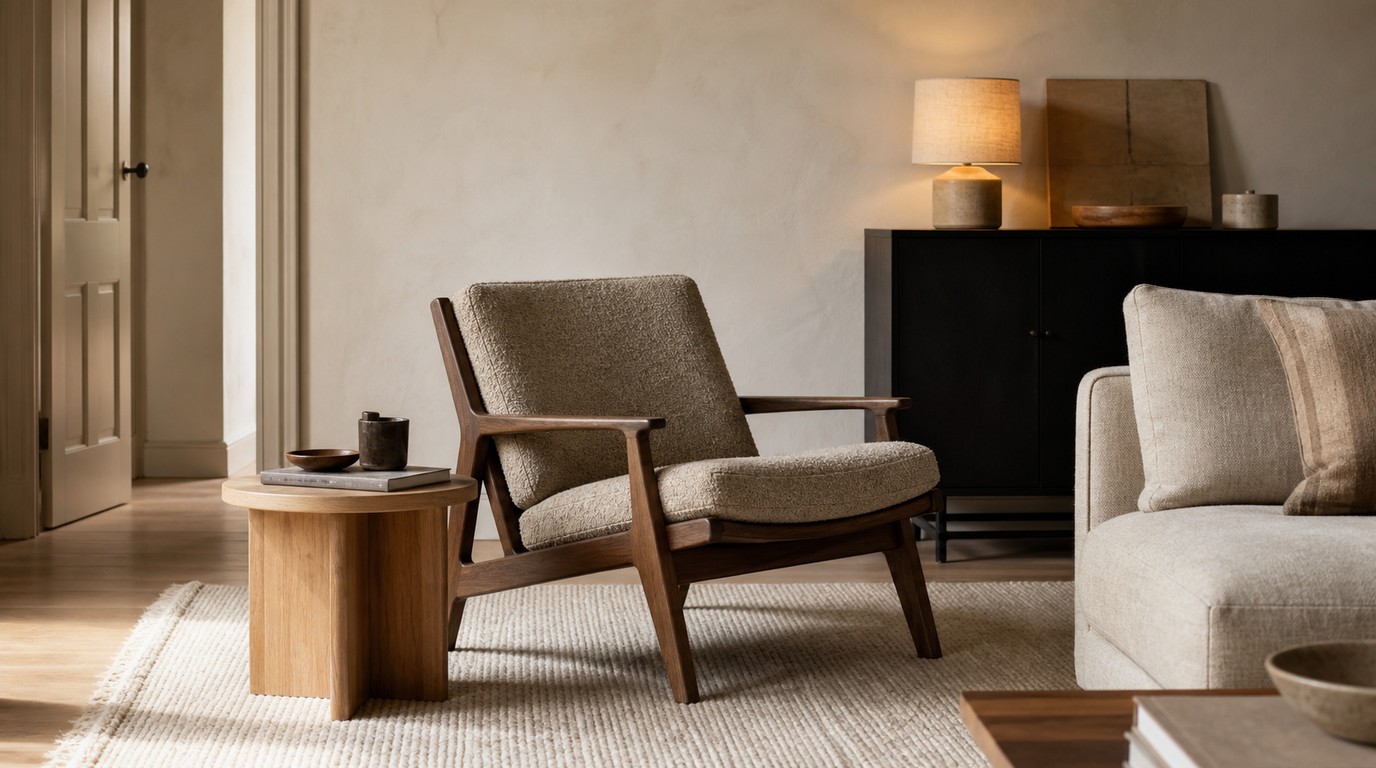 A warm Scandinavian living room with pale oak, walnut, linen and restrained modern furniture