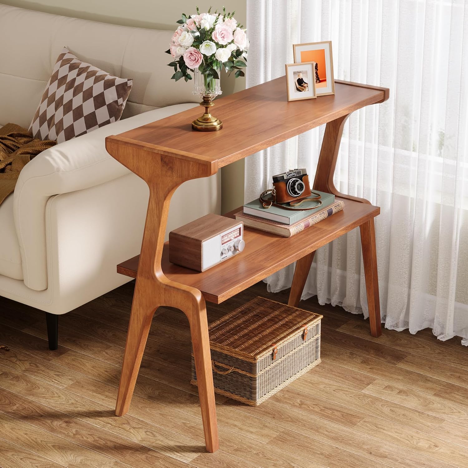 Tribesigns cherry side table beside a cream sofa