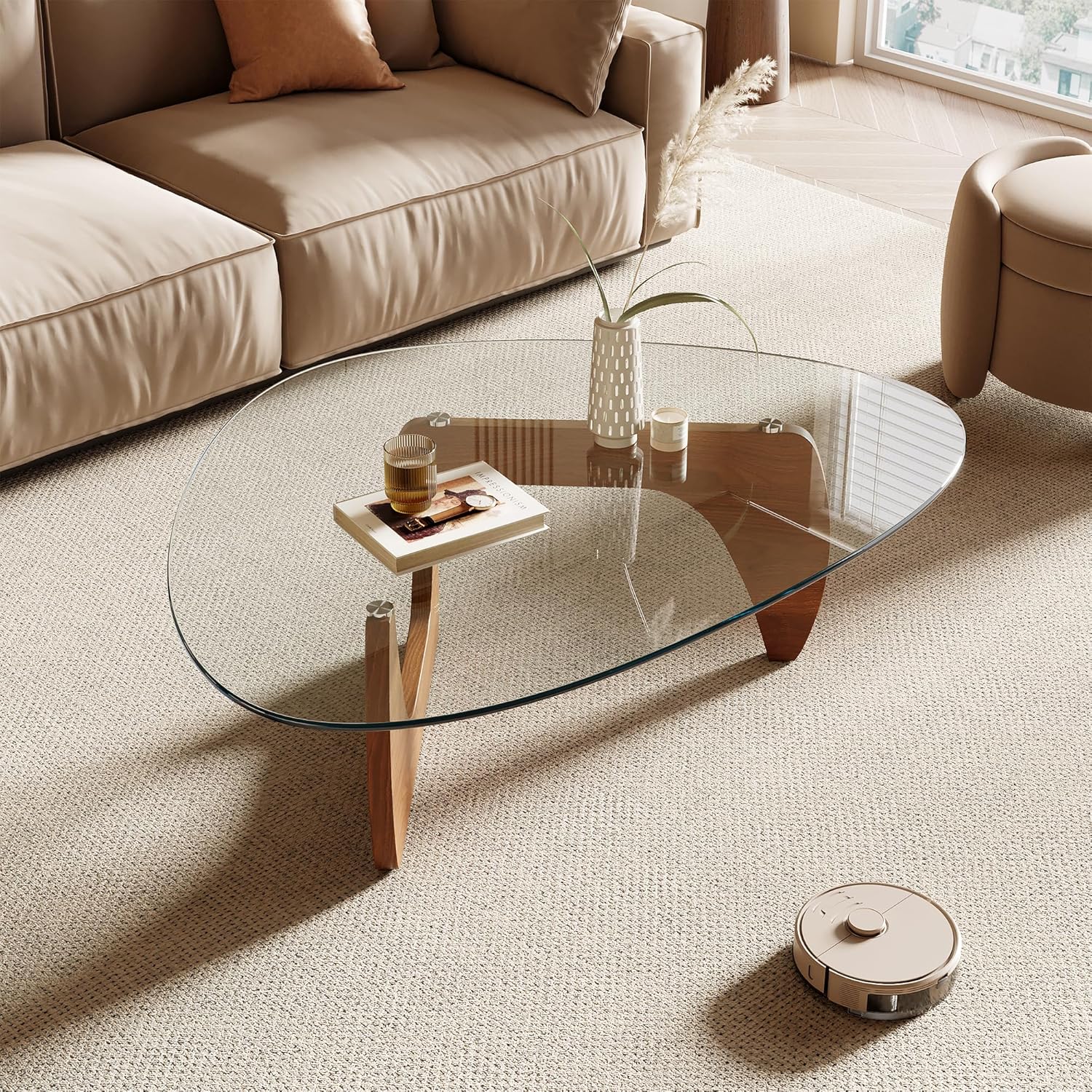 Honyee triangular glass coffee table on a neutral rug