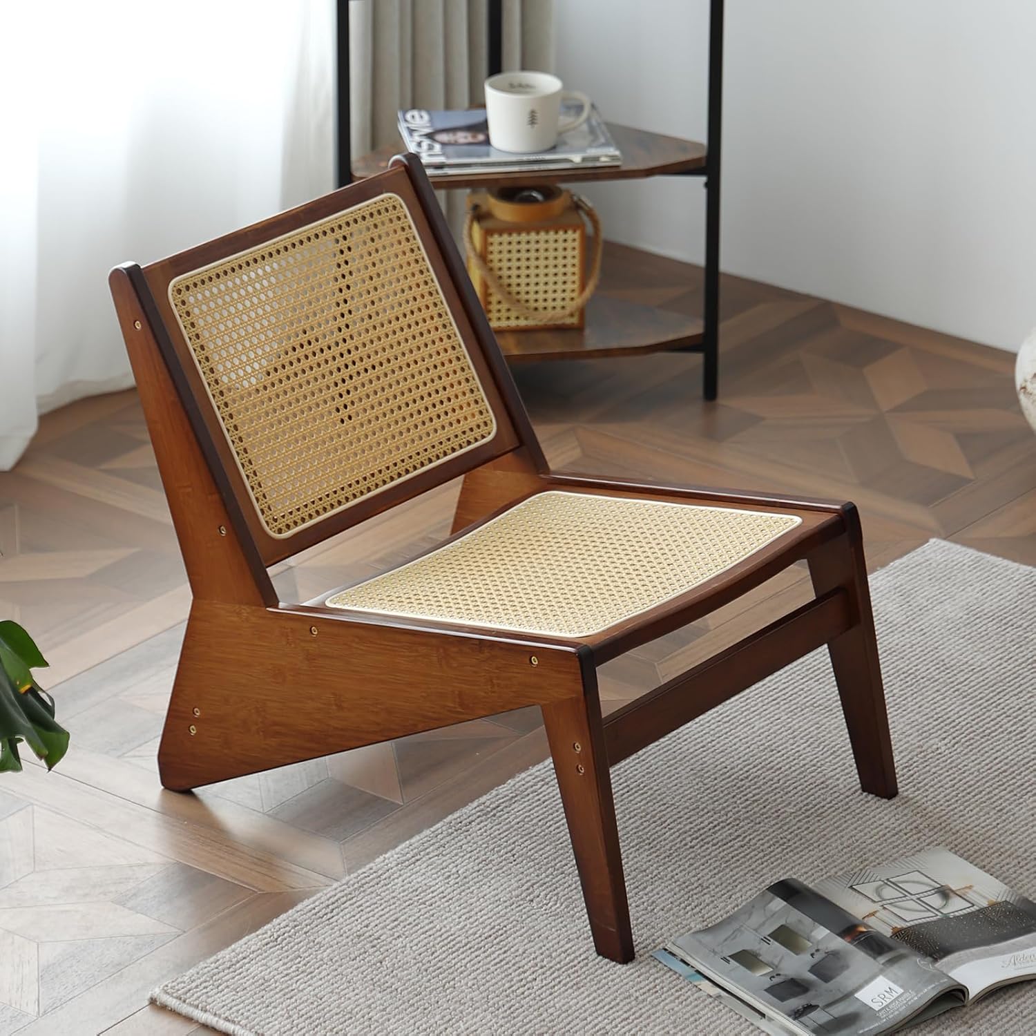 MBOOYOME walnut lounge chair in a mid-century modern apartment
