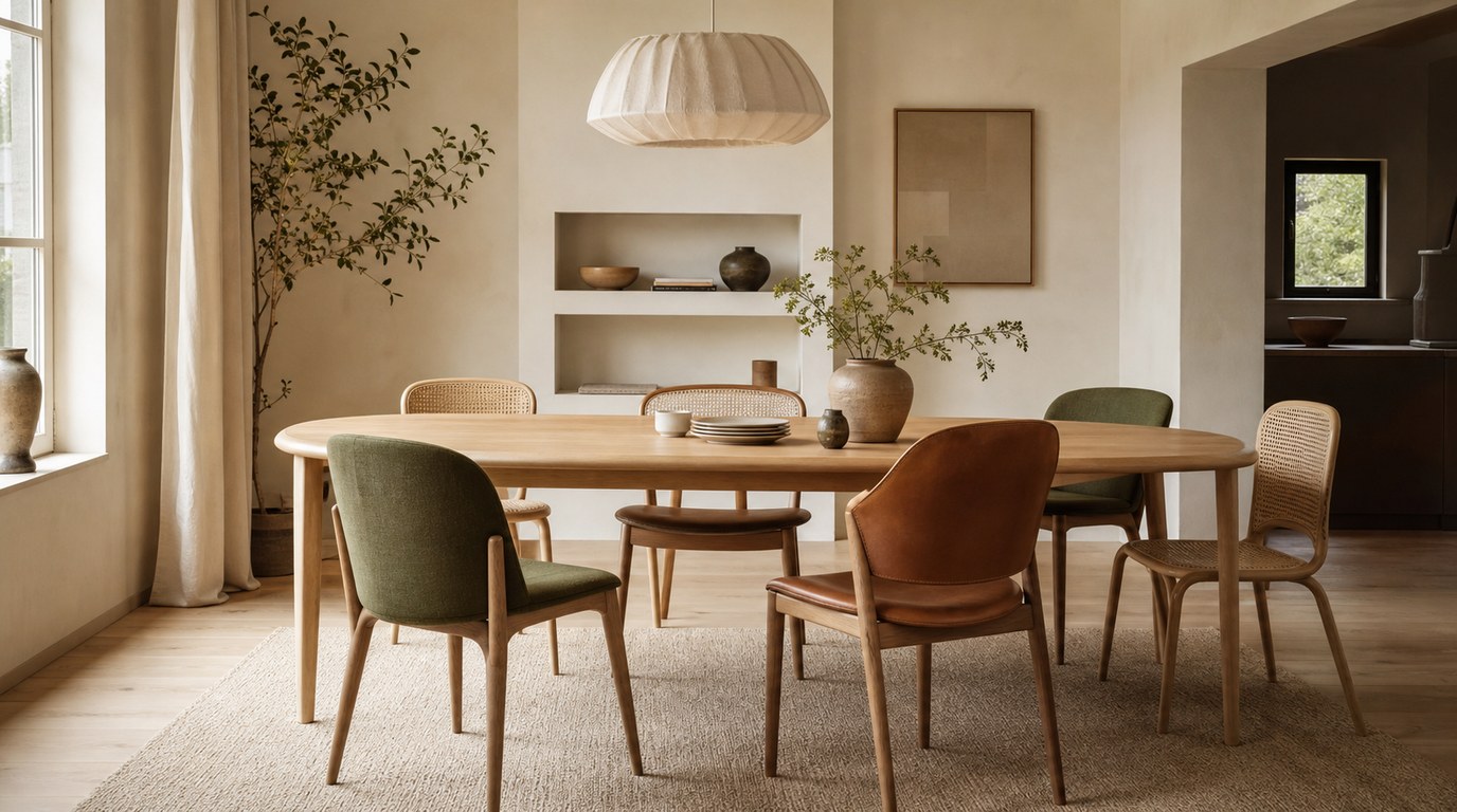 A warm Scandinavian dining room with pale oak, cane and upholstered dining chairs