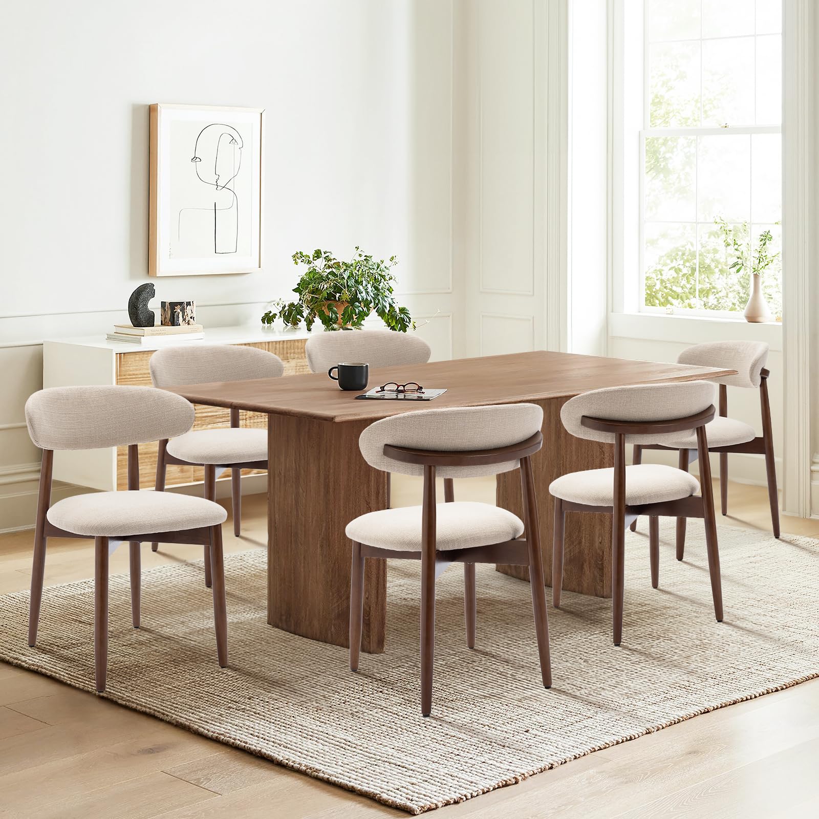 COLAMY beige upholstered dining chairs, set of six