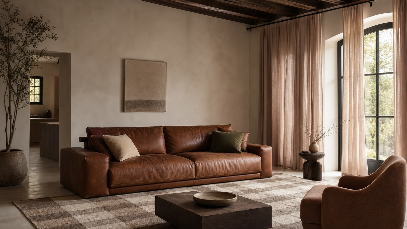 A layered living room with cognac leather, a muted rug and sculptural wood furniture