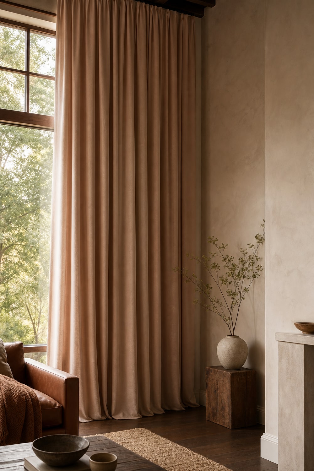 Blush-beige velvet curtains falling from ceiling height in a warm, neutral living room