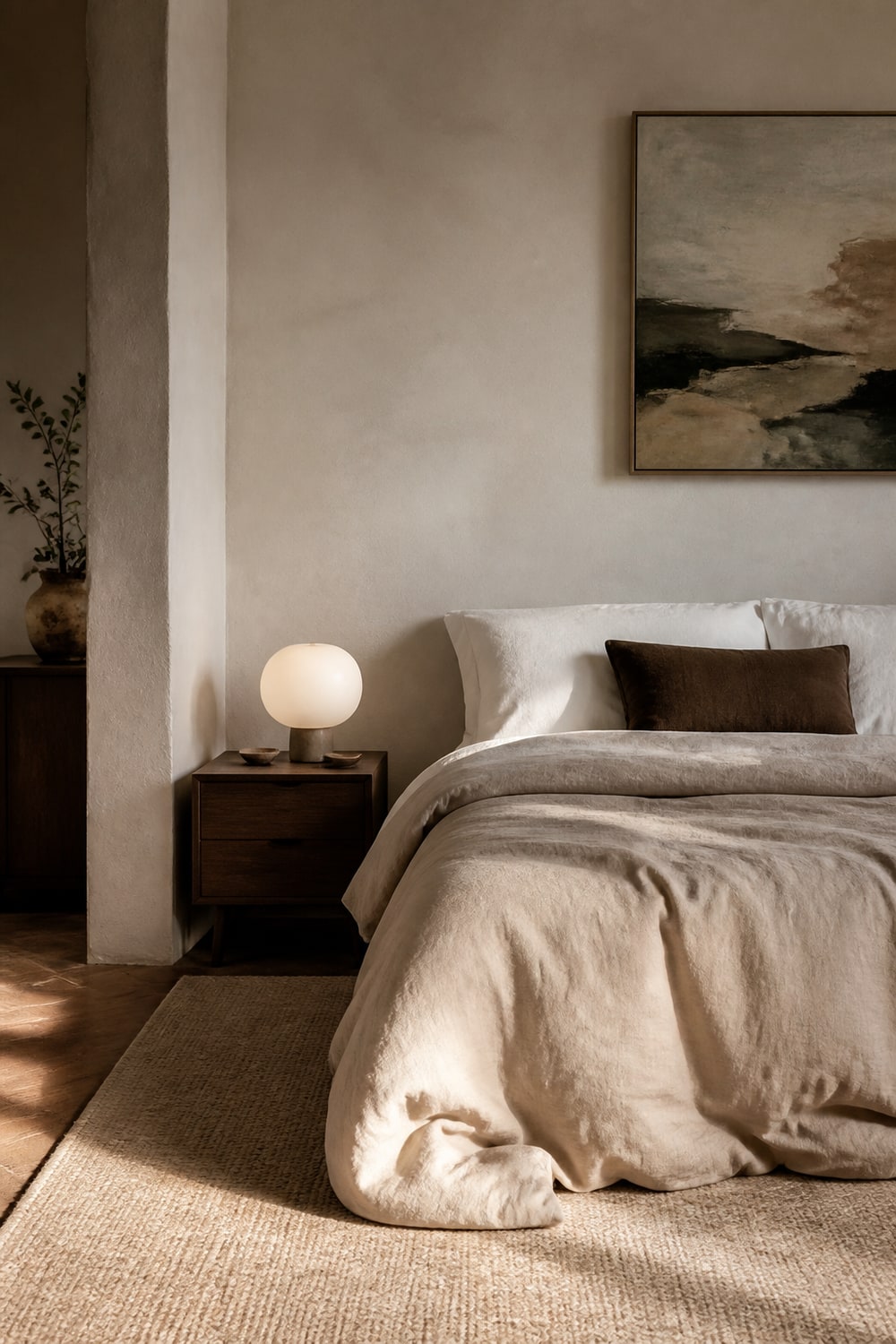 Soft beige duvet cover on a low bed with white sheets, dark wood, and one sculptural bedside lamp