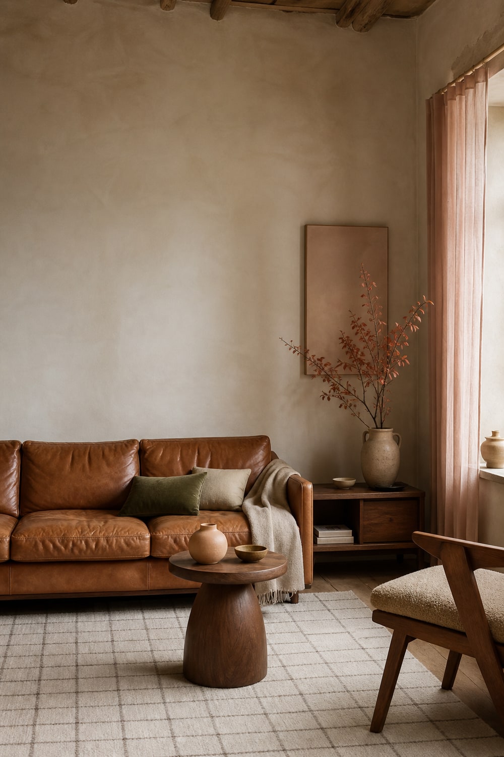 Cognac leather sleeper sofa in a warm living room with plaster walls, an aged rug, and a small wood table