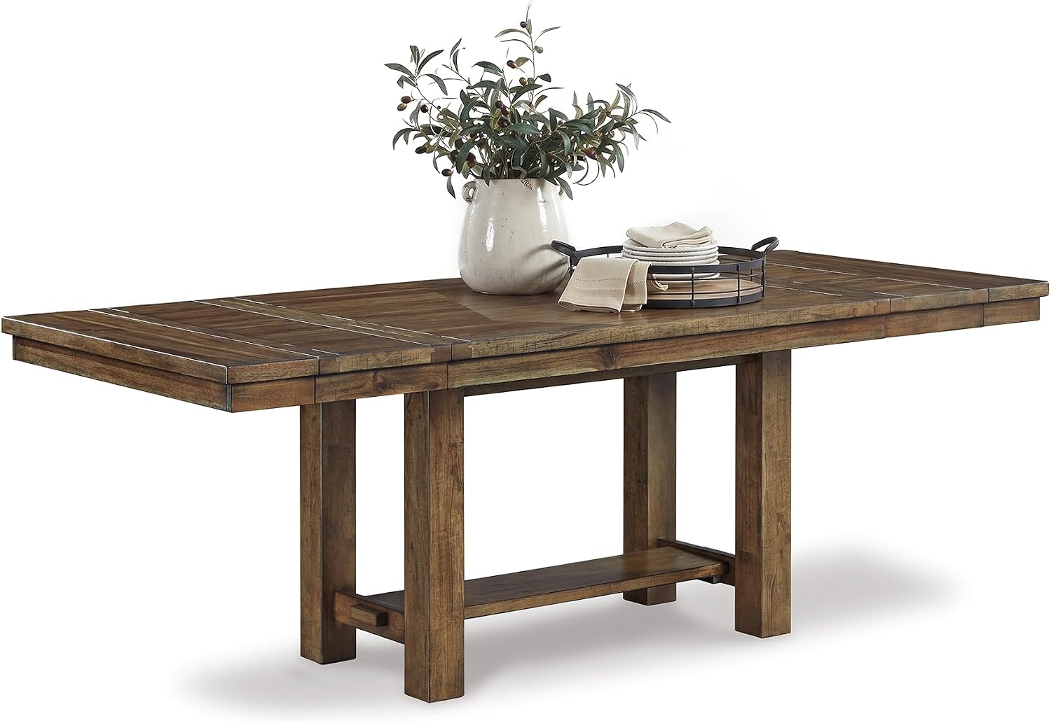 Long brown extendable dining table shown against a white background