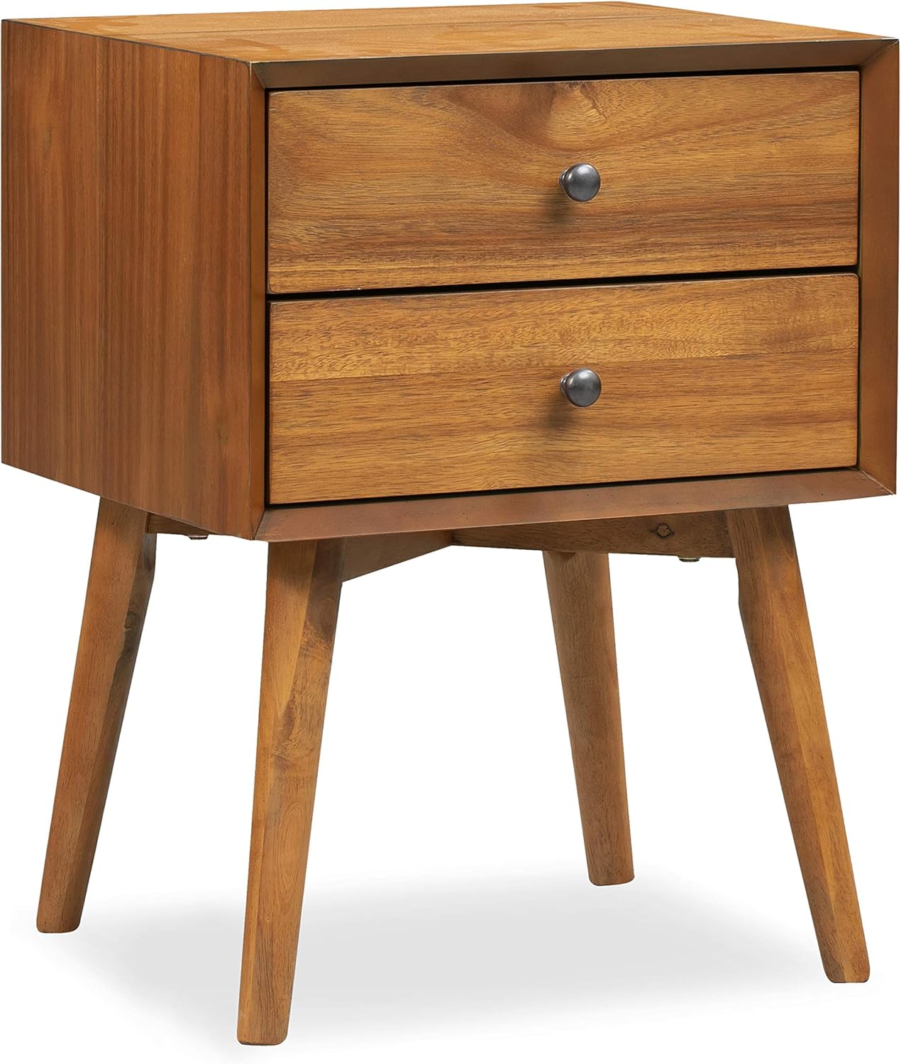 Walnut two-drawer nightstand with tapered legs