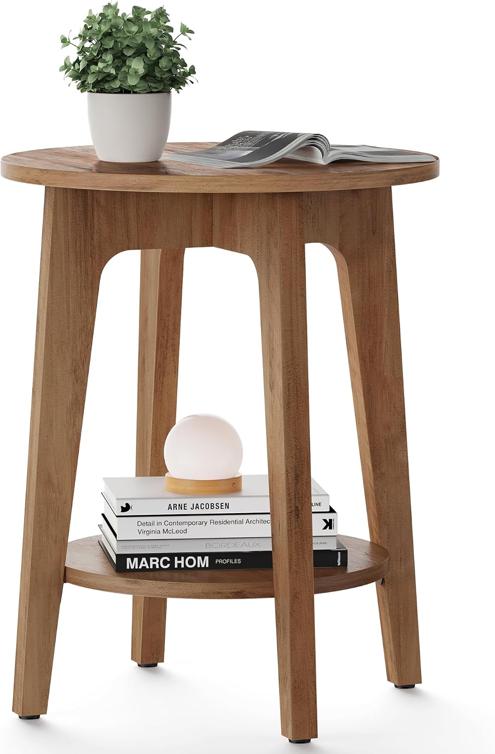 Honey-brown round two-tier side table with tapered legs