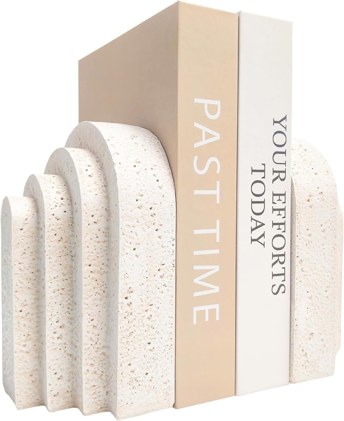Beige layered-arch bookends holding a small row of books