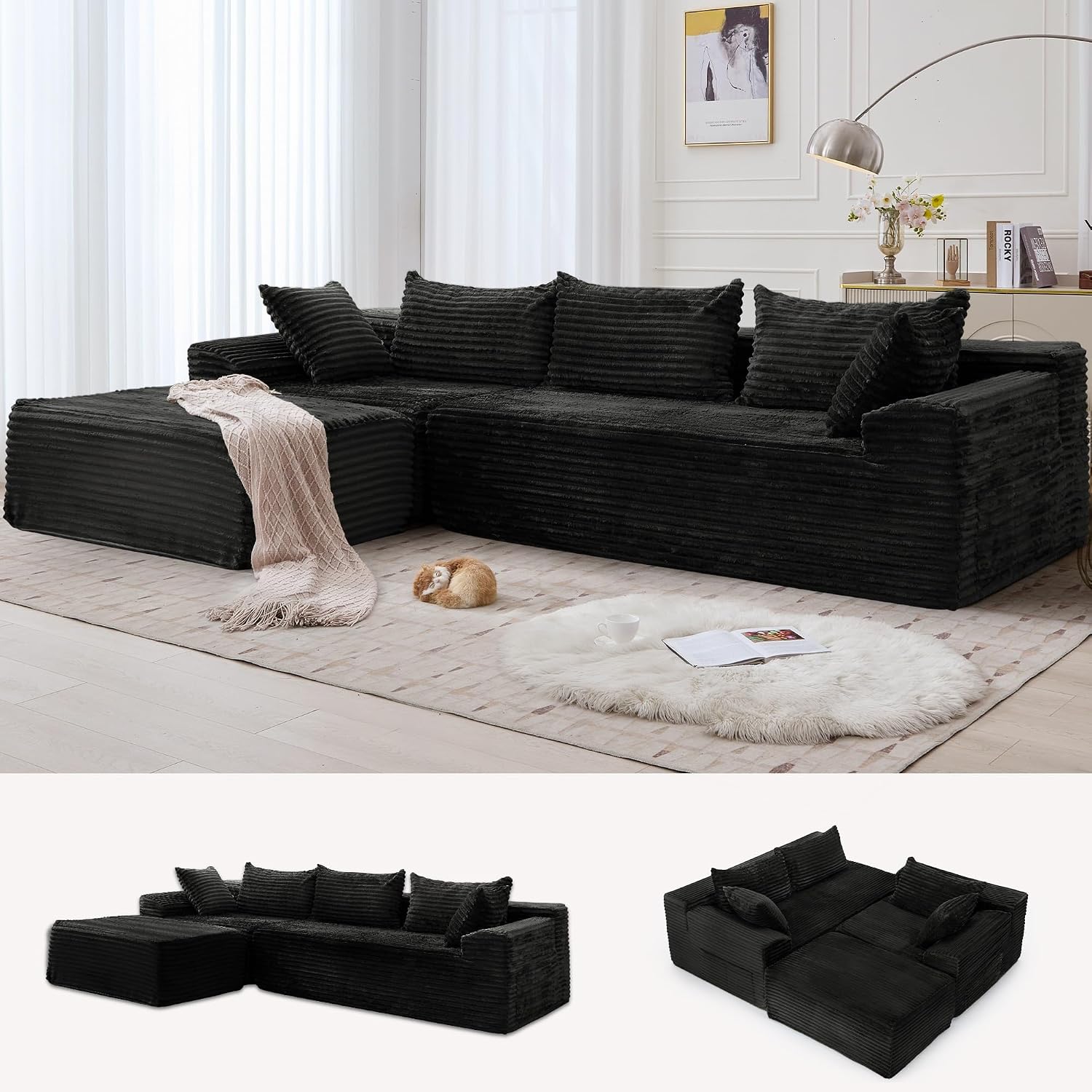 Jet-black modular corduroy sectional shown in multiple configurations