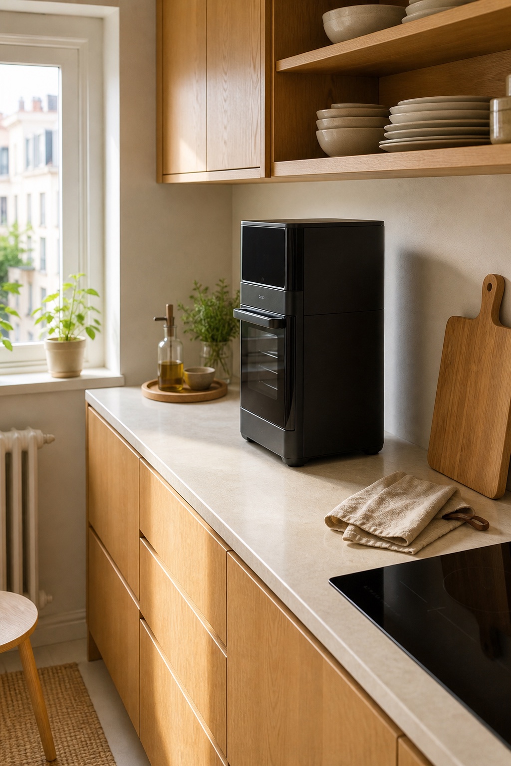 A compact Scandinavian kitchen with a generic narrow countertop appliance and clear preparation space