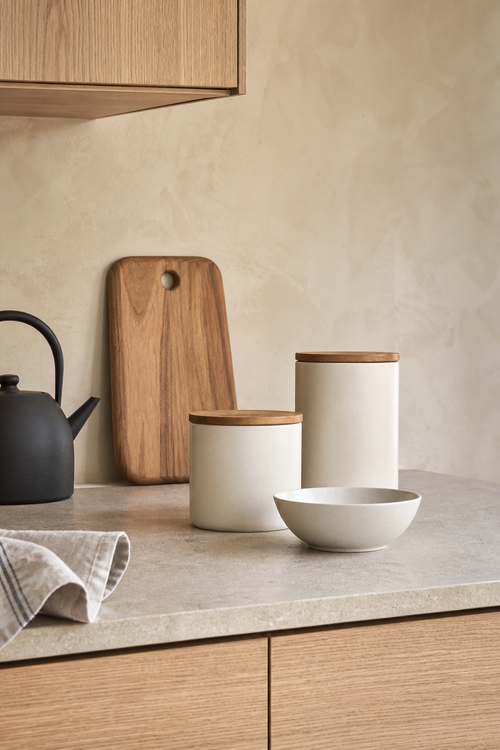 A calm kitchen counter arranged with cream ceramic canisters, a dark kettle, a wood board and a small white bowl