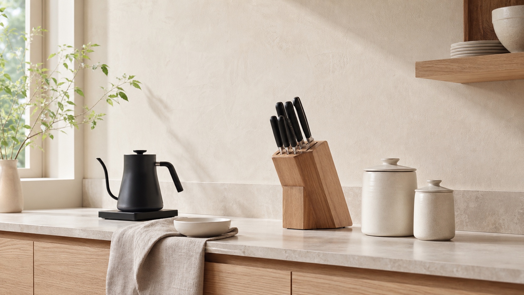 A calm Scandinavian kitchen counter with useful objects in wood, ceramic and black metal