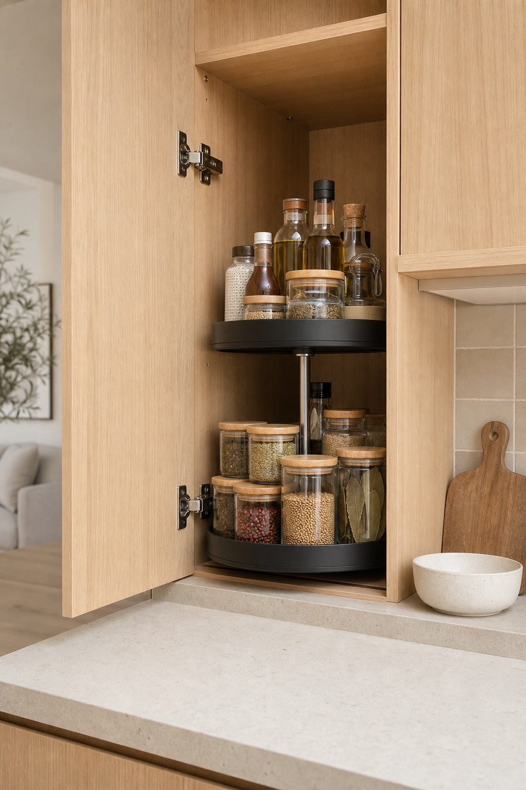 An organized kitchen cabinet with oils, spices and jars on two-tier turntables beside a clear counter