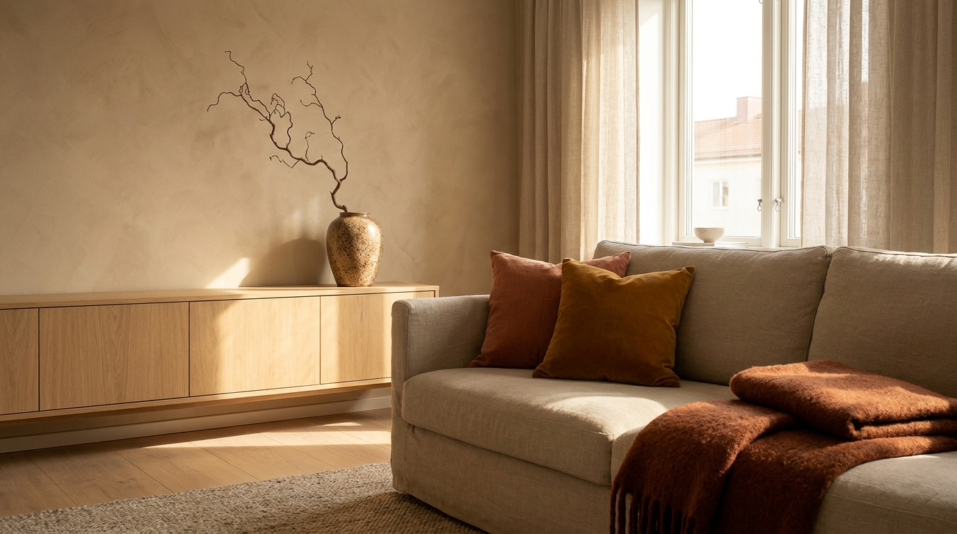 The autumn living room, in earth tones