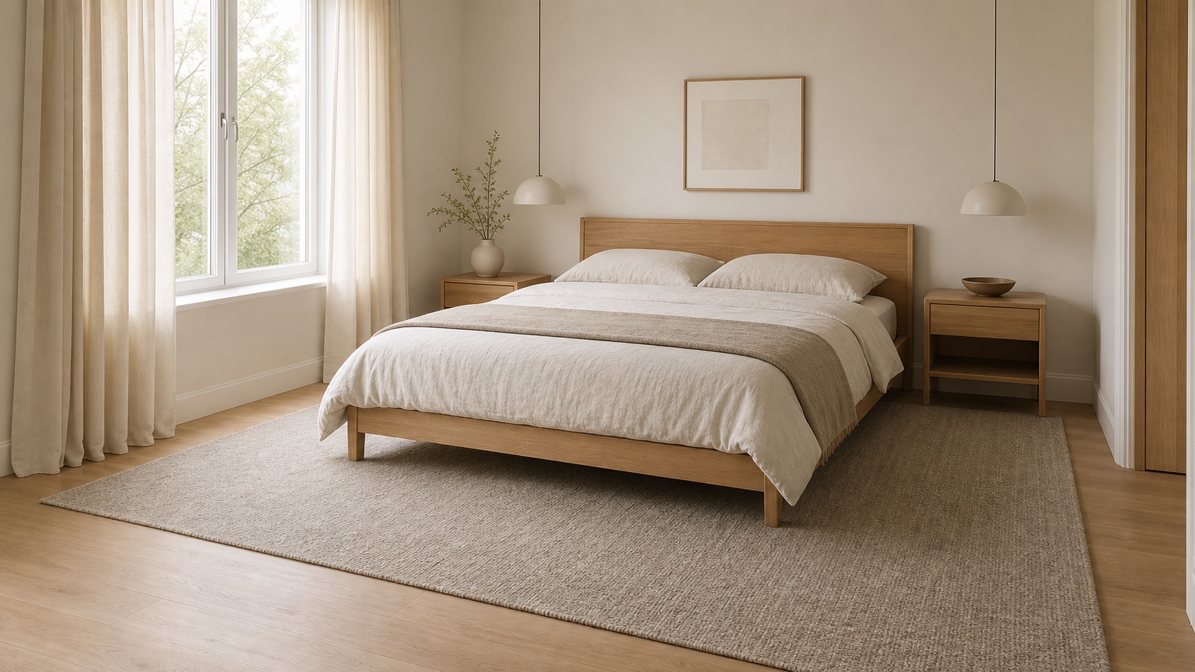 Correctly scaled neutral rug extending beneath a bed