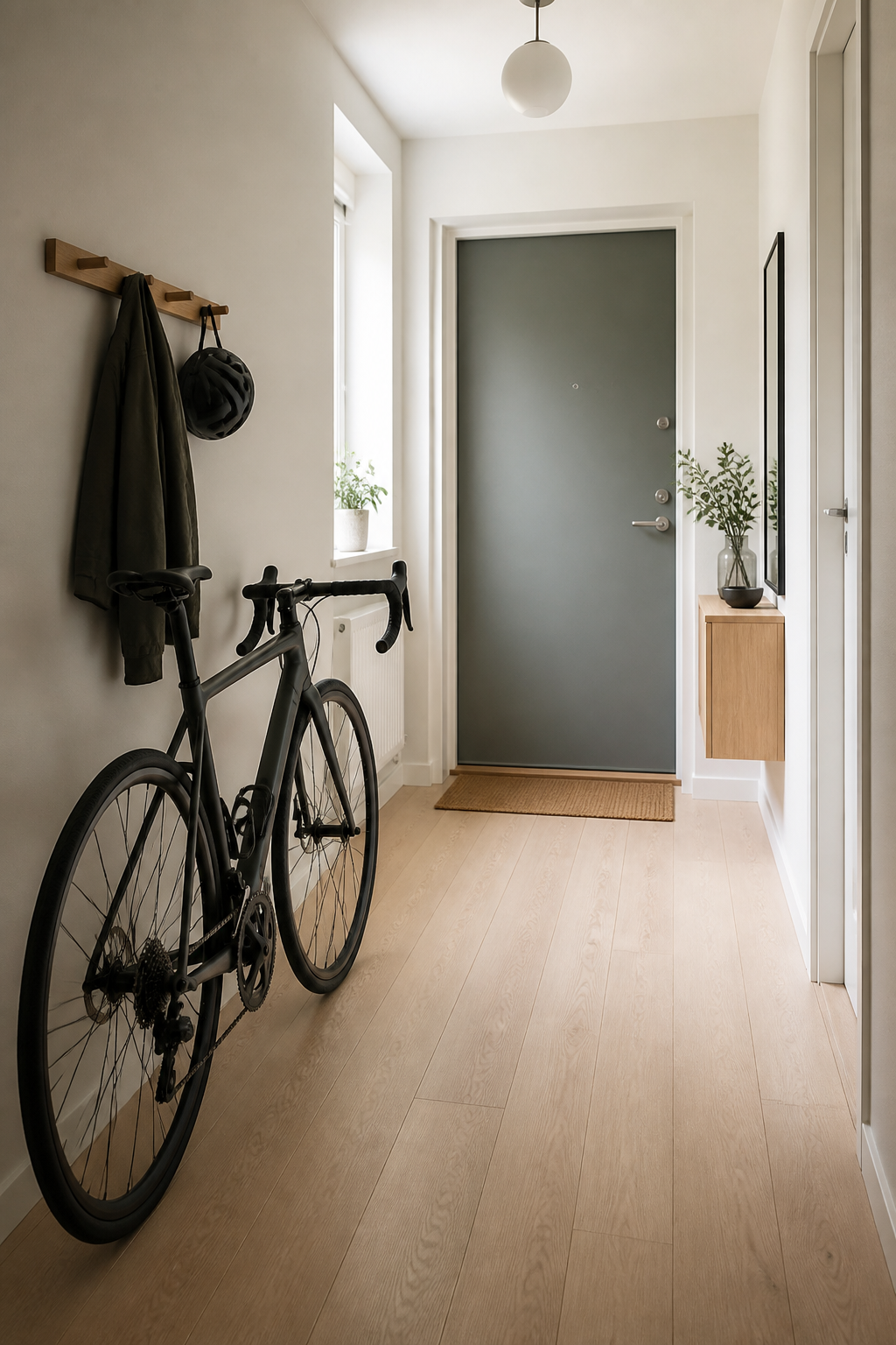 A road bike positioned near an apartment door with an unobstructed route outside