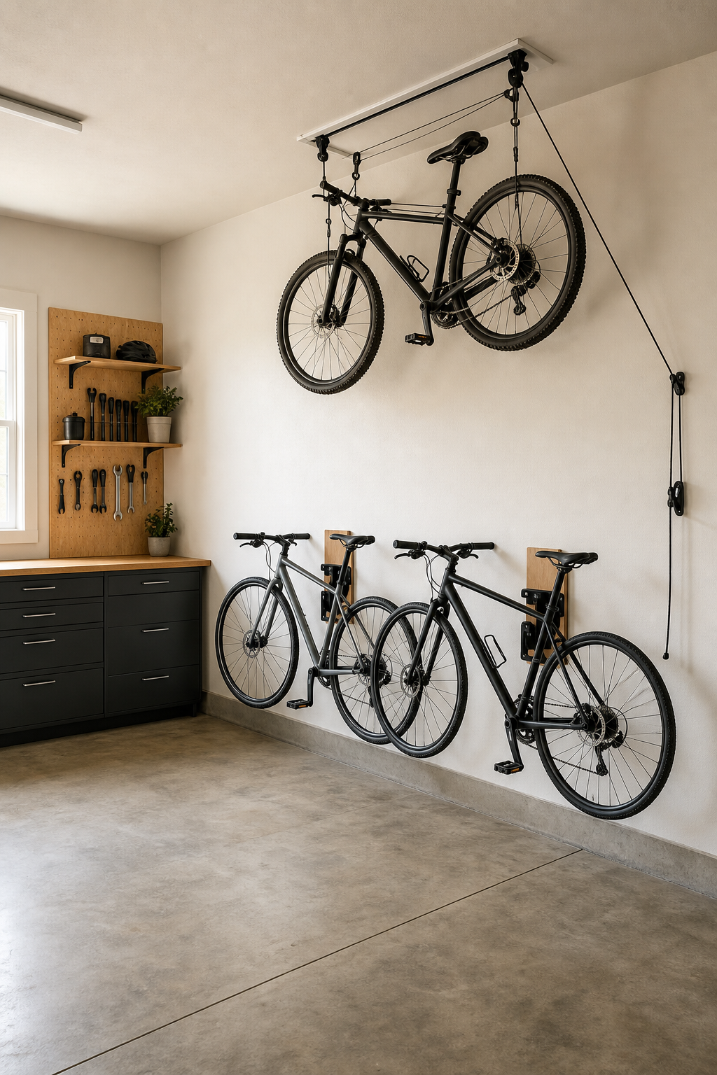 A well-organized garage with daily bikes on swivelling wall mounts and seasonal bikes stored overhead