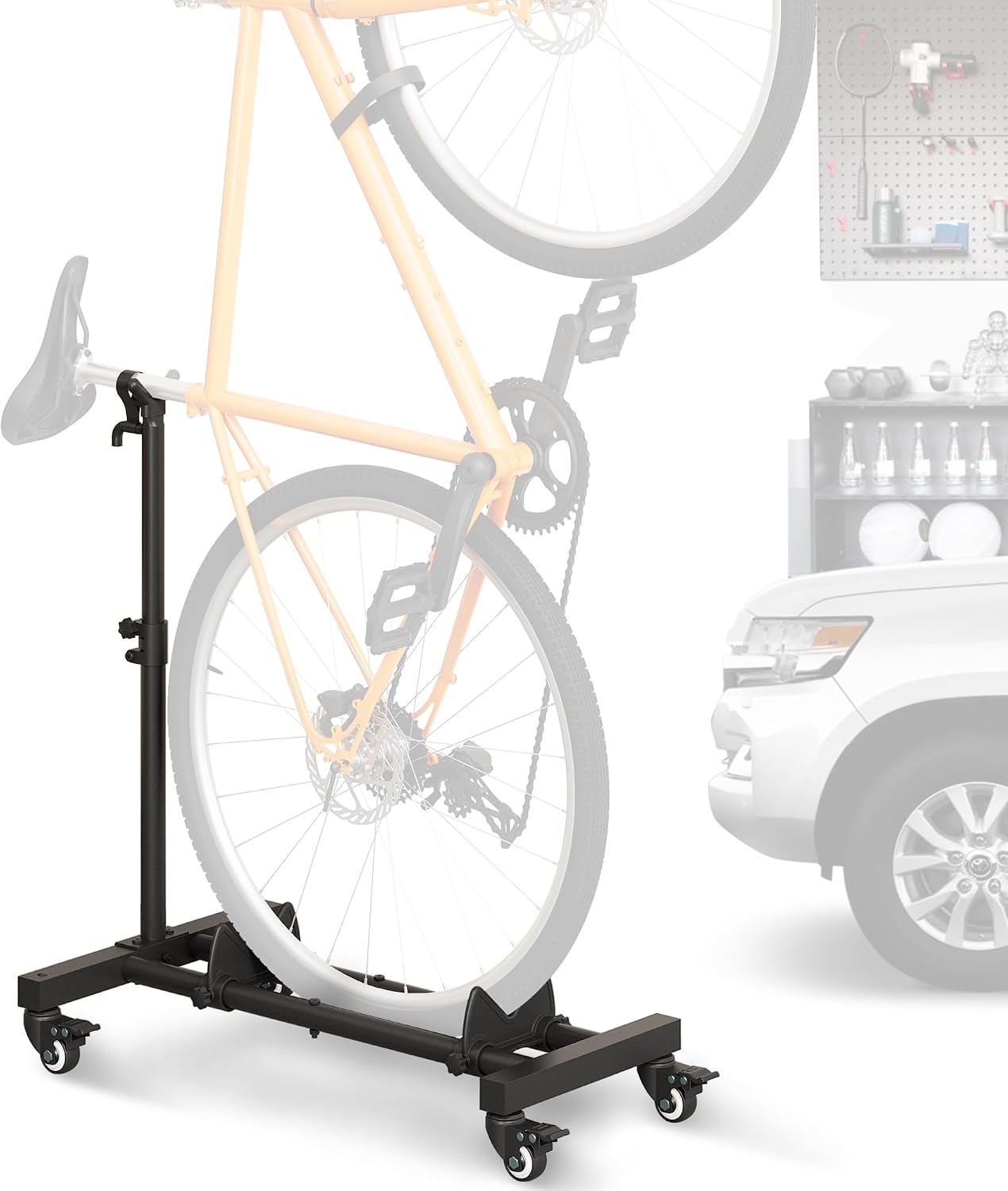 A road bike stored vertically on a black freestanding rack in a calm apartment entryway