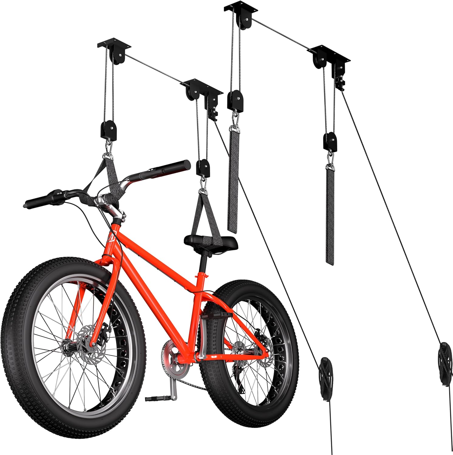 A bicycle raised securely on a pulley system above the clear floor of a garage