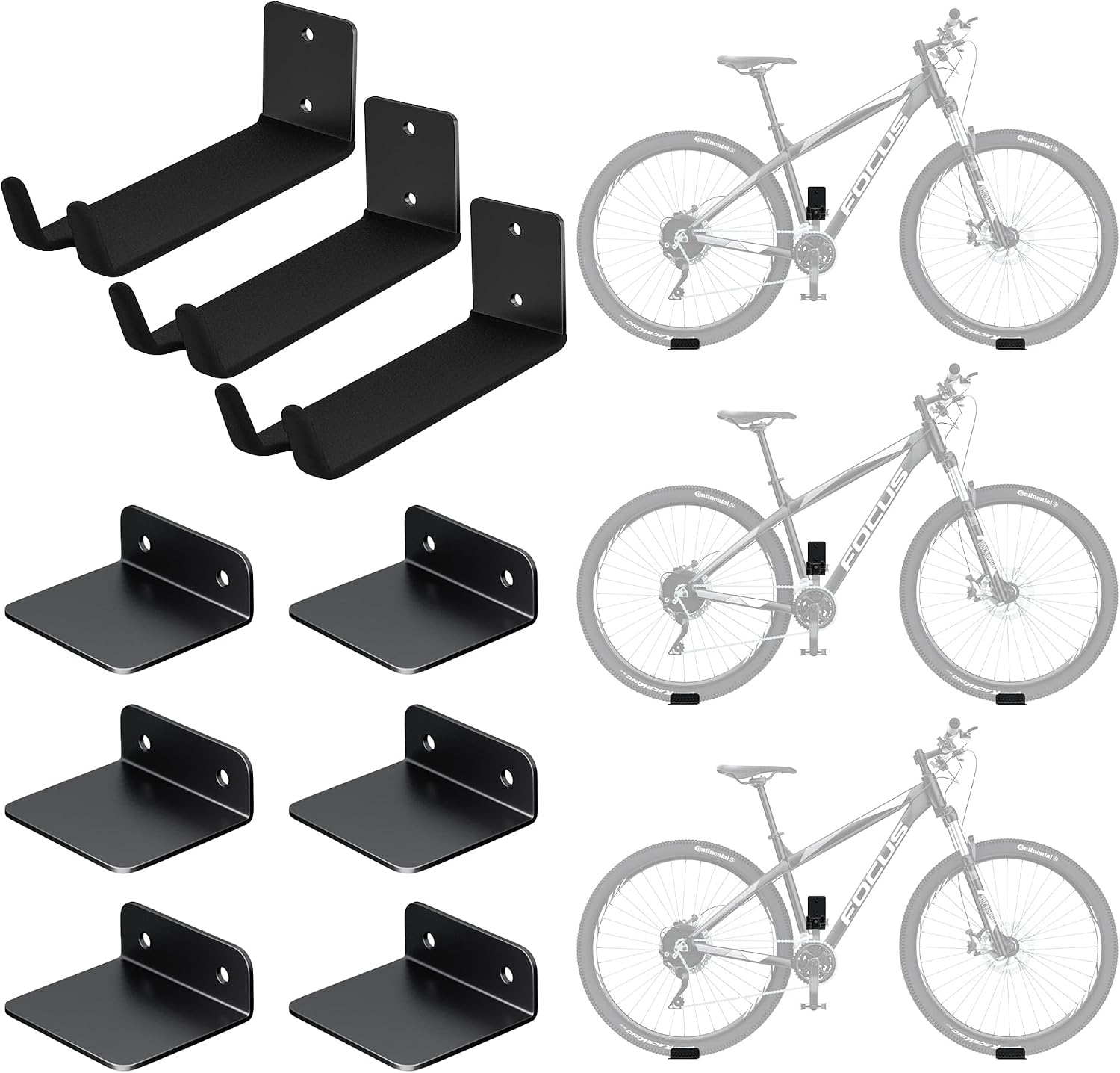 Three bicycles hanging horizontally by their pedals along a clean garage wall