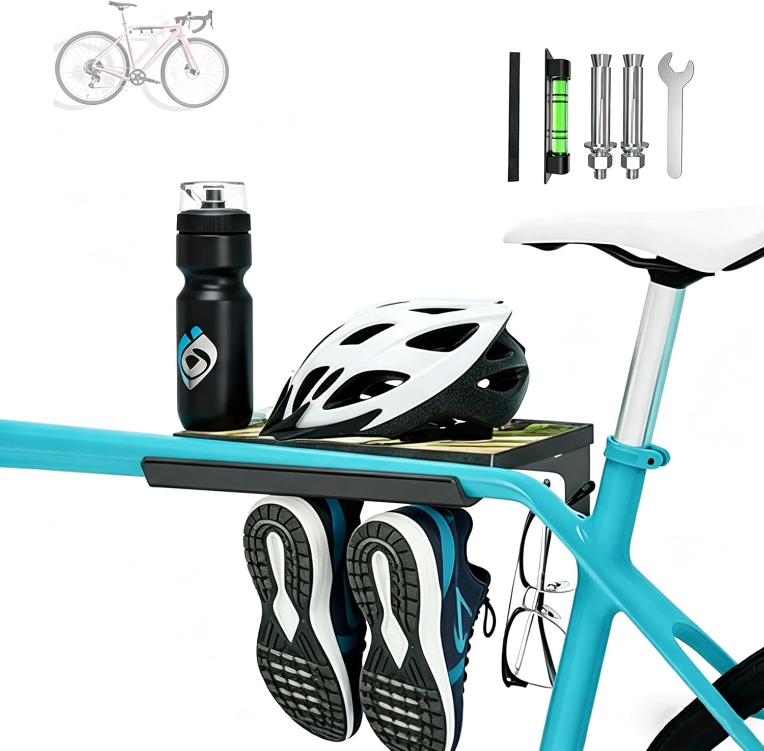 A road bike displayed horizontally with helmet and cycling shoes stored neatly beneath it