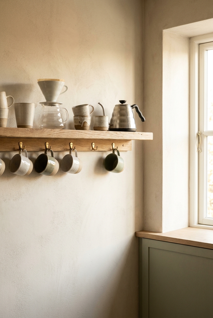 A finished coffee corner with ceramics hanging beneath a pale oak shelf