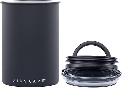A matte black Airscape coffee canister