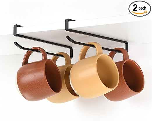 Two clip-on rails for hanging coffee mugs beneath a shelf