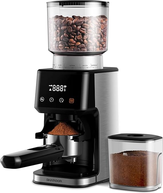 A narrow stainless SHARDOR conical-burr coffee grinder