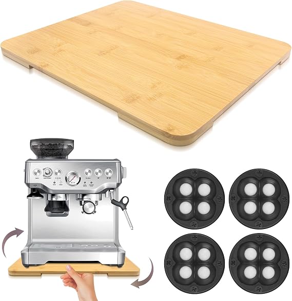 A bamboo appliance tray holding a compact coffee machine