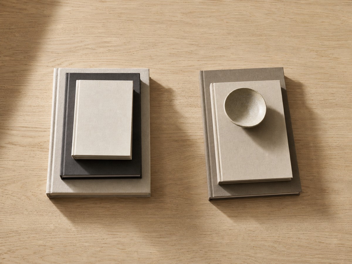 Two low stacks of art and design books arranged on a pale oak table beside a small ceramic bowl