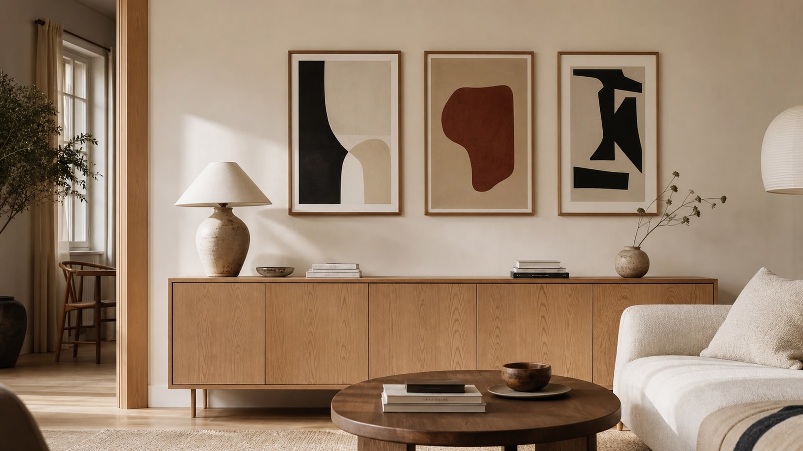 A Scandinavian living room with a considered gallery wall above an oak sideboard