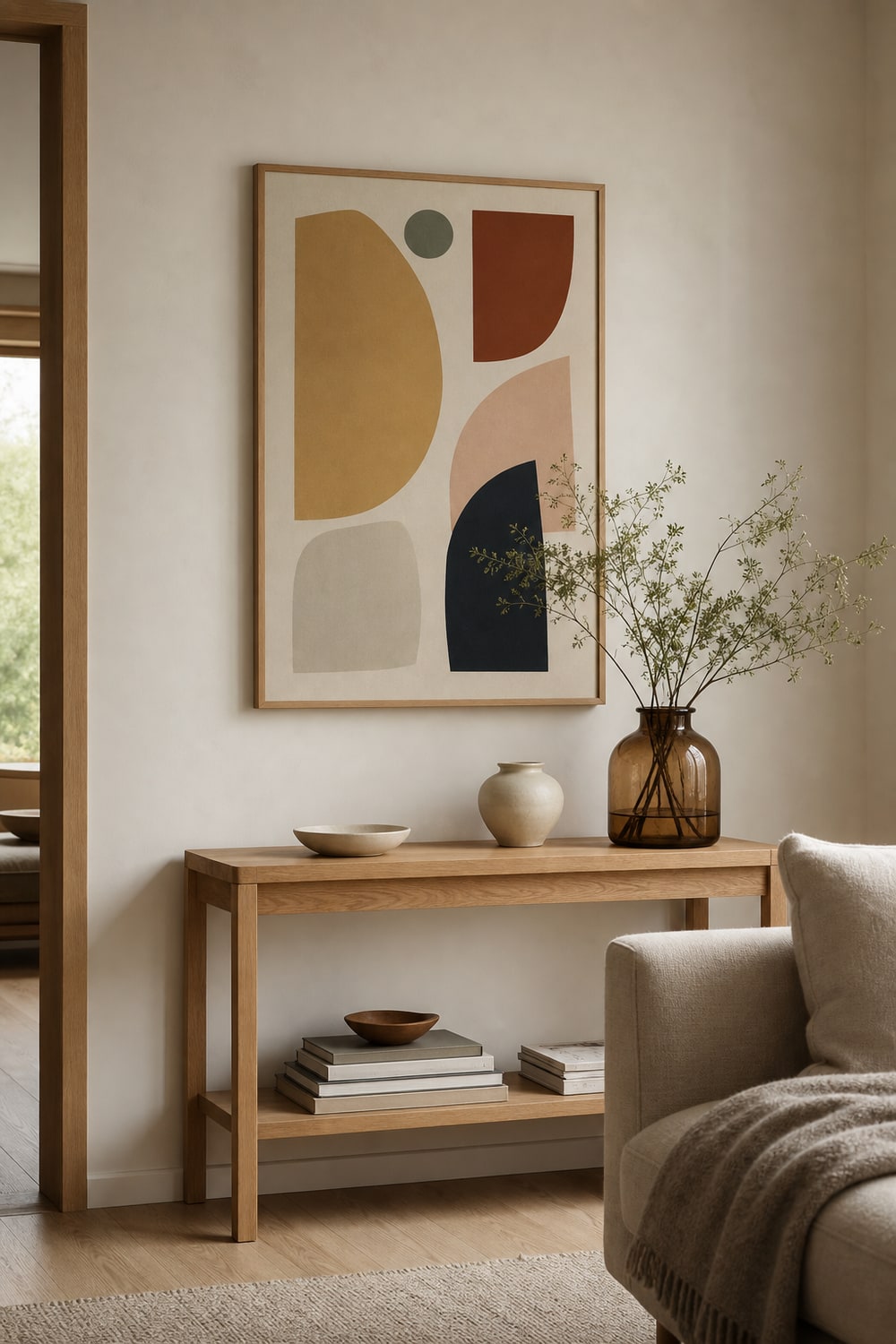 Colorful affirmation poster in a calm living room with warm wood and neutral upholstery