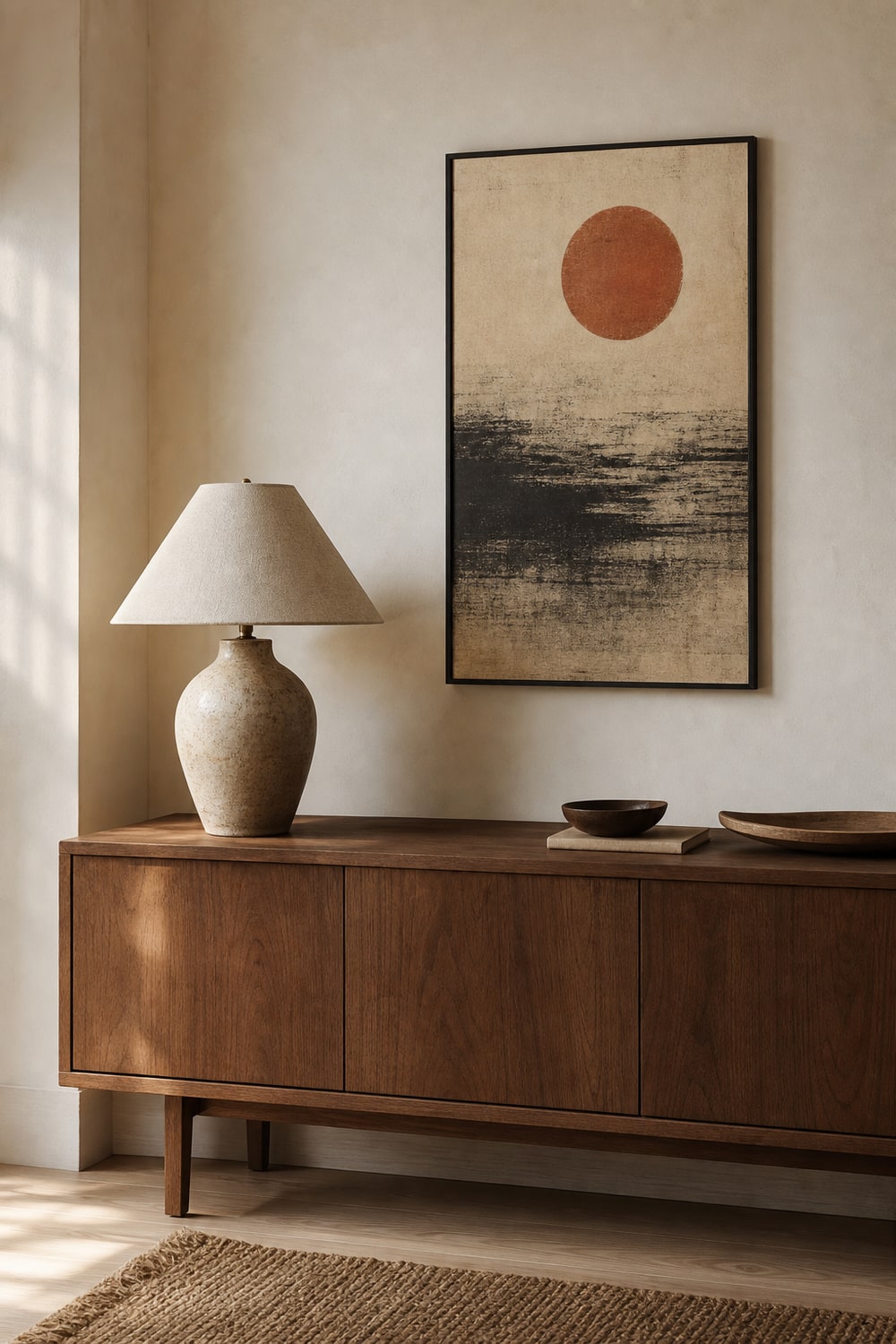 Japanese vintage poster in a slim dark frame above a simple walnut sideboard