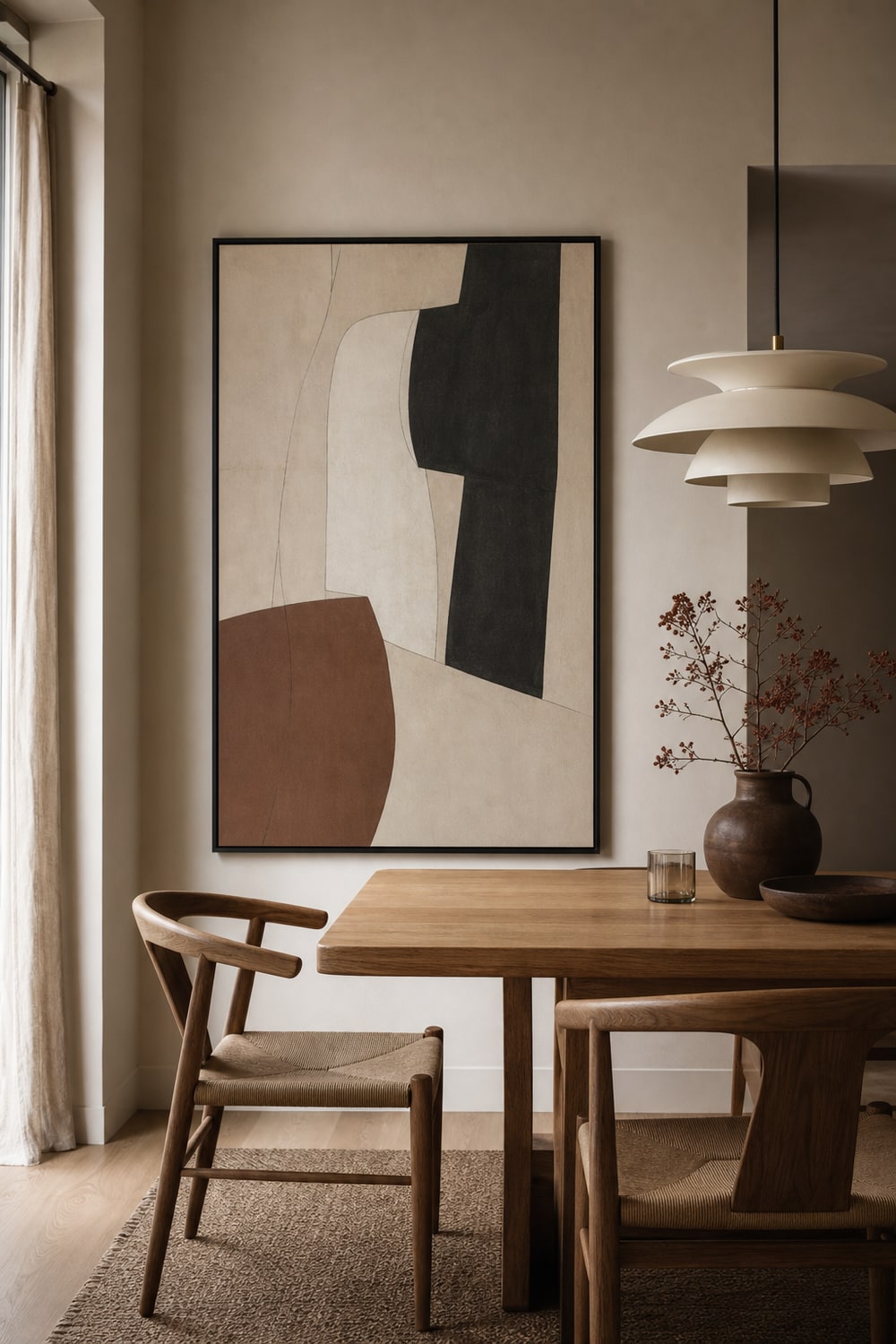 Exhibition-style poster aligned with a modern dining table and sculptural pendant