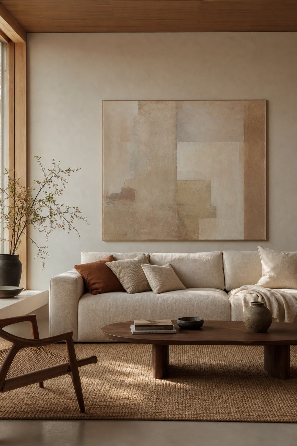 Large neutral horizontal abstract above a sofa in a warm minimalist living room