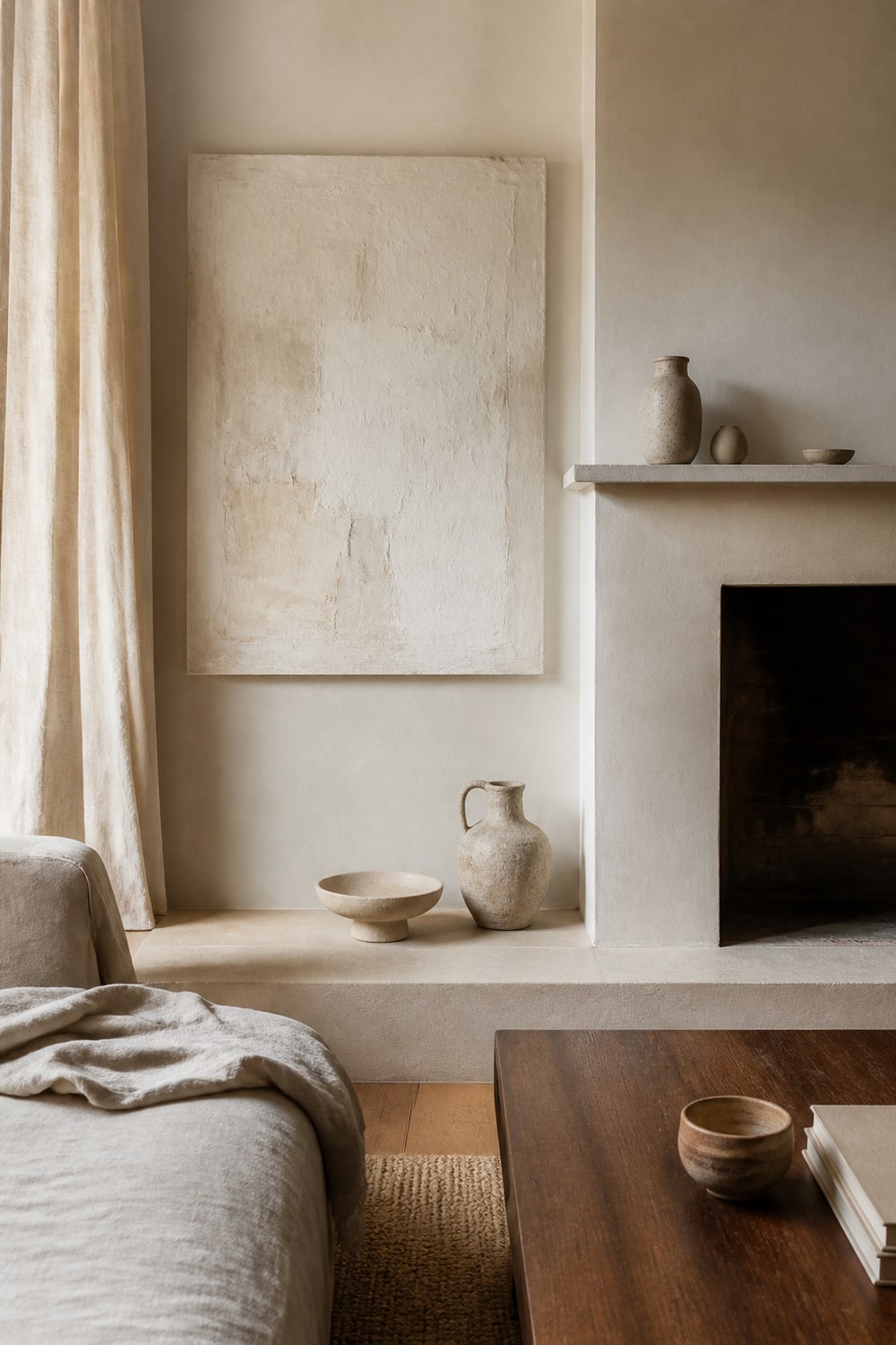 Minimalist abstract artwork near a fireplace with linen, stone and dark wood accents