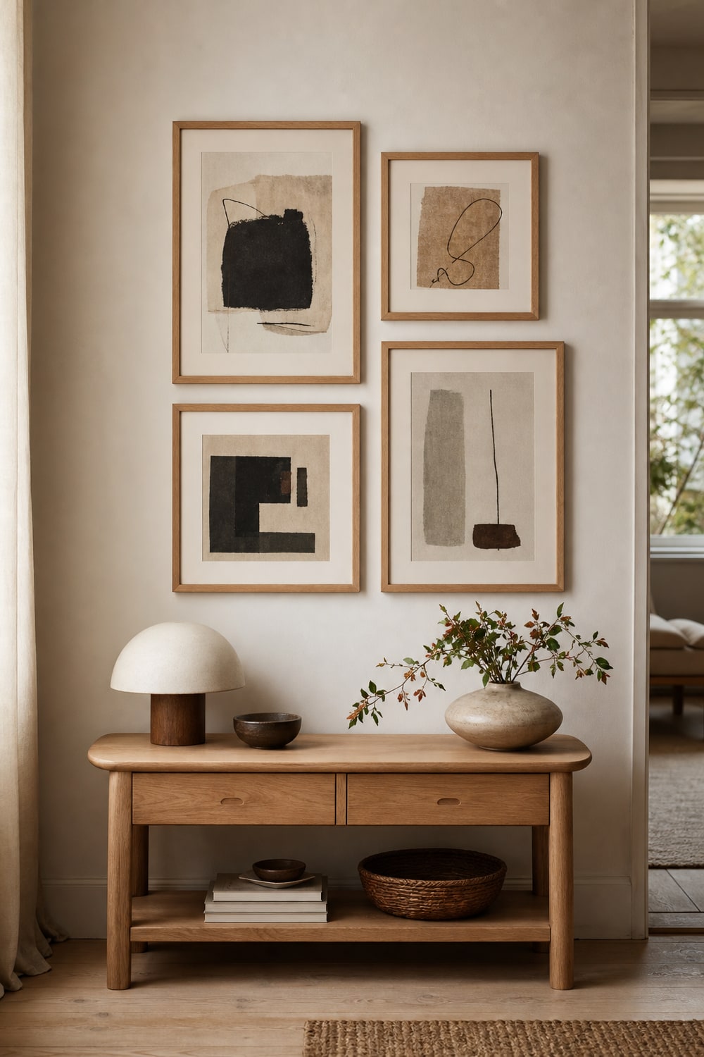 Four natural wood frames arranged as a balanced gallery wall above a compact console