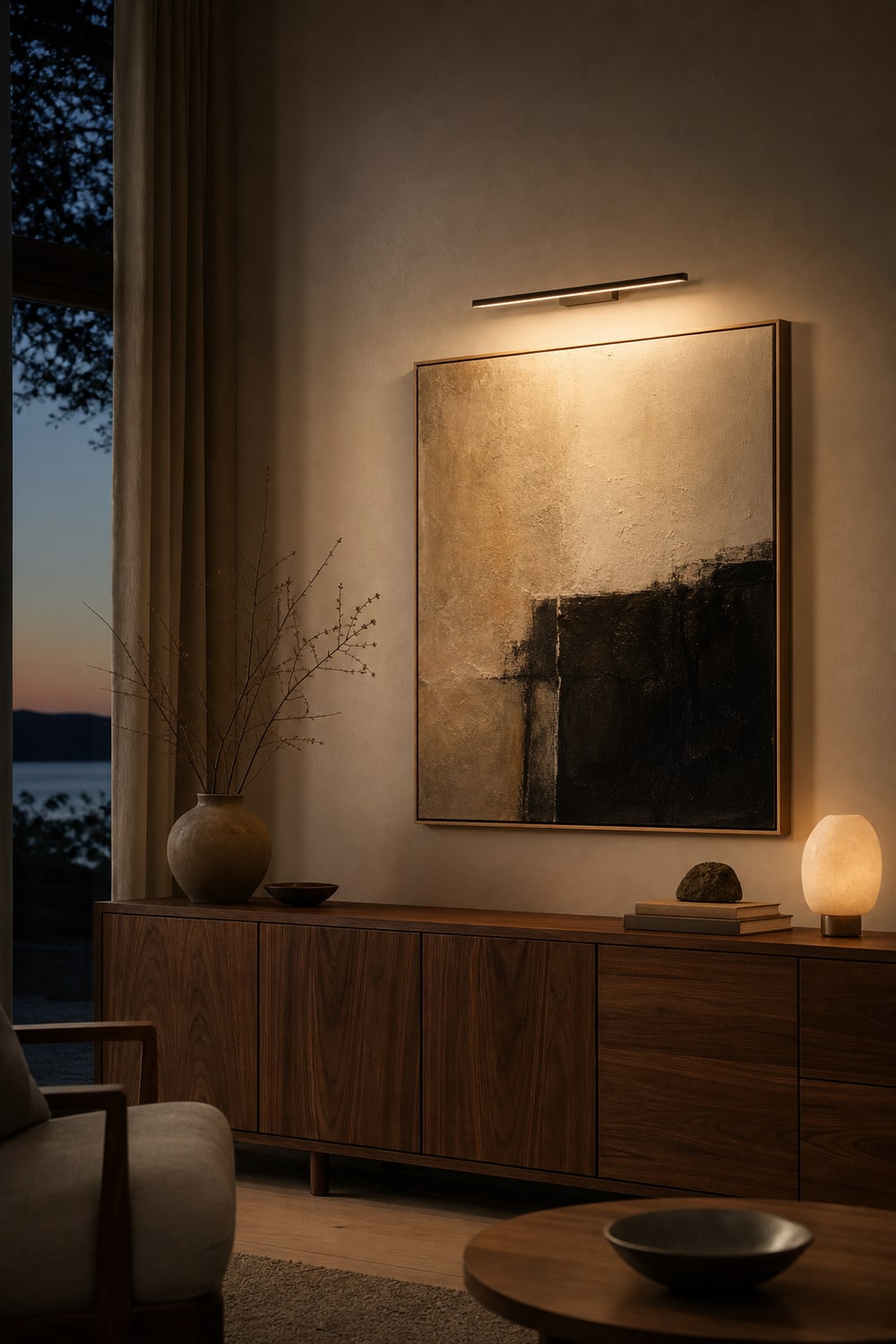 Rechargeable picture light illuminating framed wall art above a sideboard at dusk
