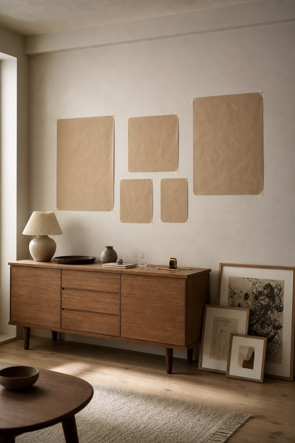 Paper templates and framed posters being positioned on a wall above a bed