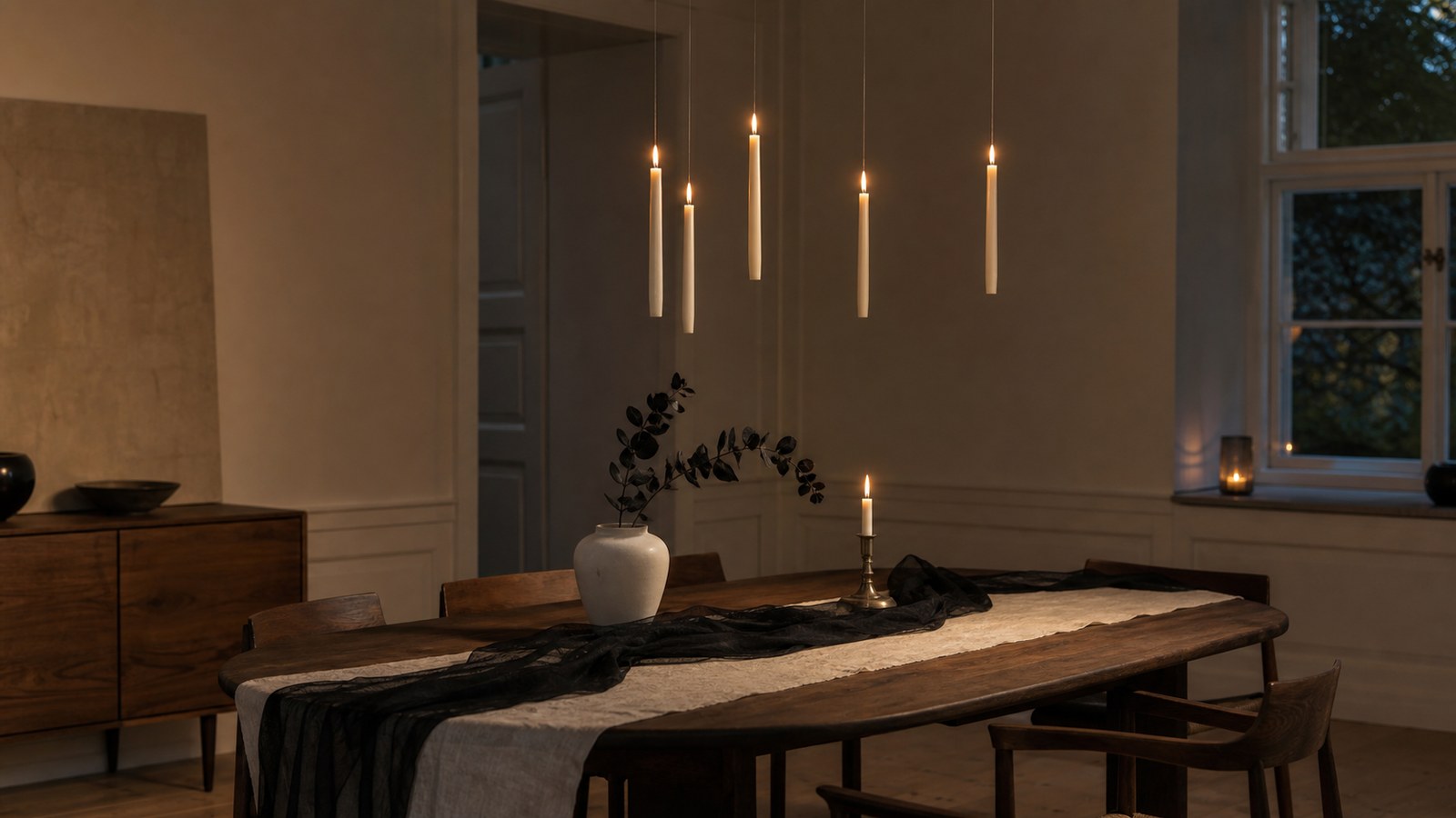 A restrained dining room with floating candles, black gauze and dark branches