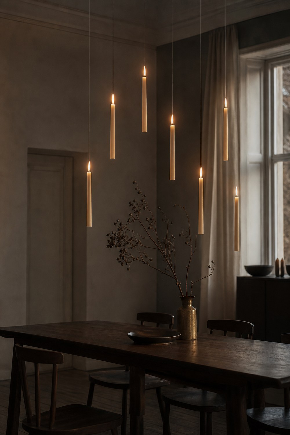 White floating taper candles suspended above a dark wood dining table