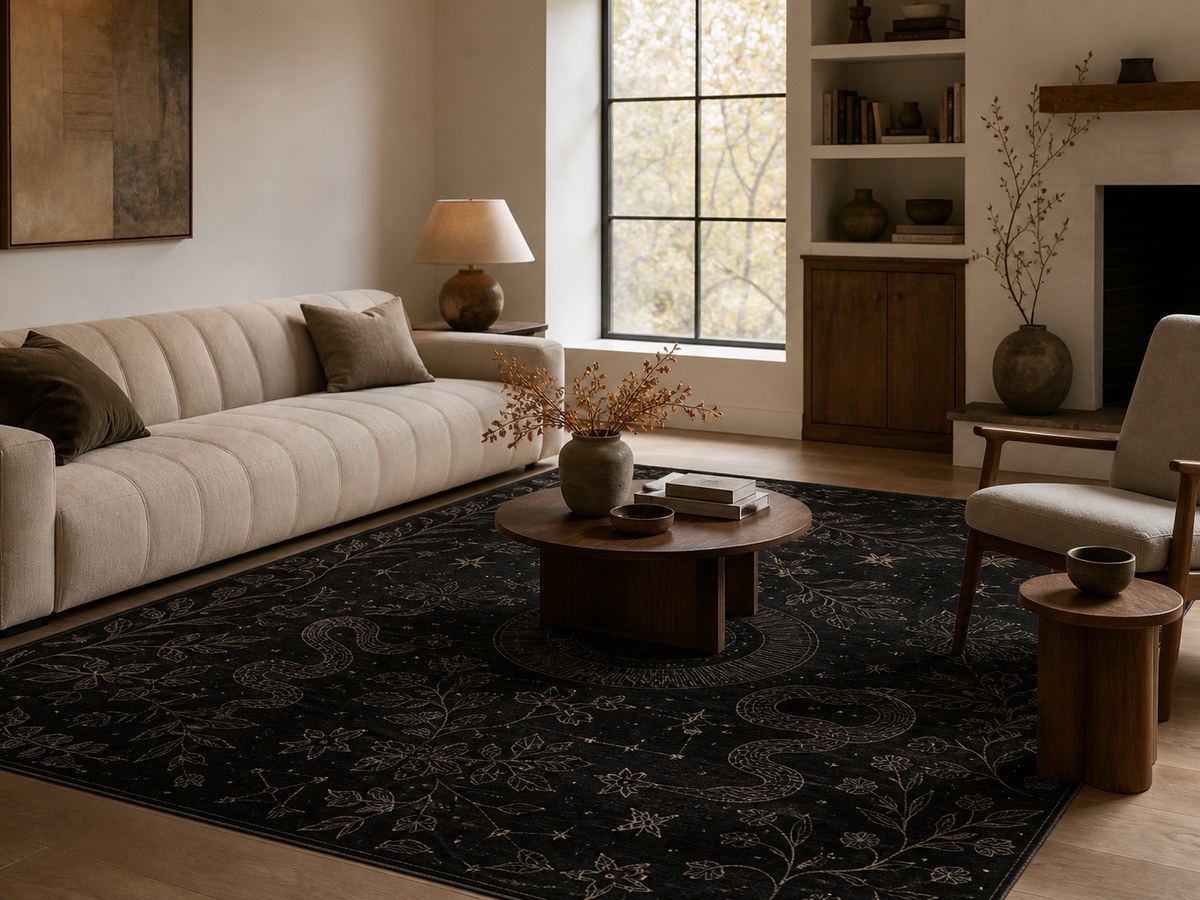 Black snake-pattern rug in an otherwise quiet cream and walnut living room