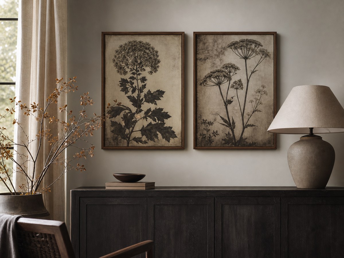 Two vintage witchy prints in thin walnut frames above a dark sideboard