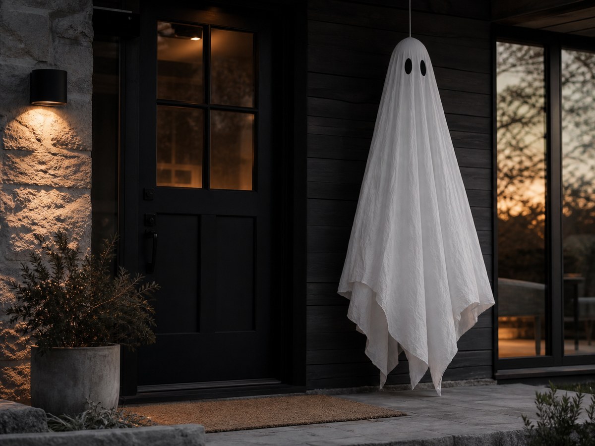 One large white swing ghost hanging alone beside a simple exterior entryway